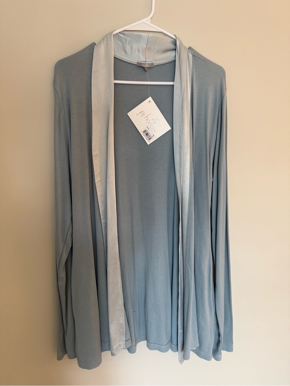 PJ Harlow Blue 3 Piece Satin Lounge Set Cardigan Tank Wide Leg Pants - Picture 4 of 10